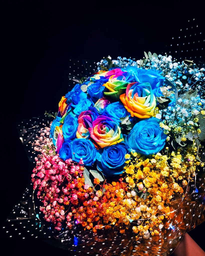 Blue Roses, Rainbow Roses, Rainbow Babybreath Bouquet (FD100)