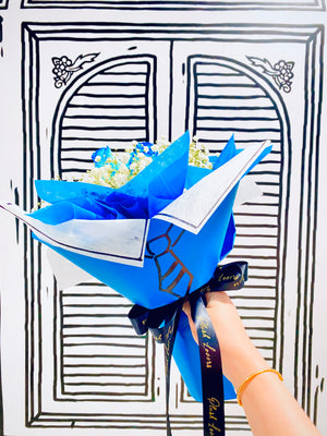 Blue Gentlemen Bouquet (FD118) Blue Roses & Babybreath Bouquet